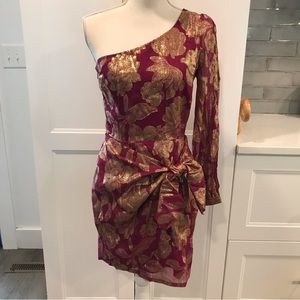 Yumi Kim Burgundy and Gold One Shoulder Dress
